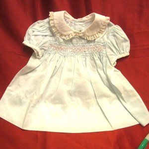 VTG POLLY FLINDERS, HAND SMOCKED BABY DRESS, LT BLUE W/WHITE, 12 MOS